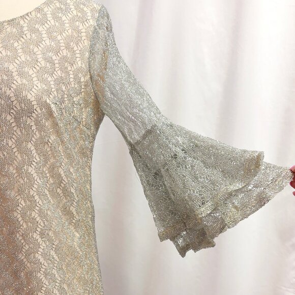 Vintage metallic silver bell sleeve dress with nude lining - fits like a Medium - Picture 2 of 5
